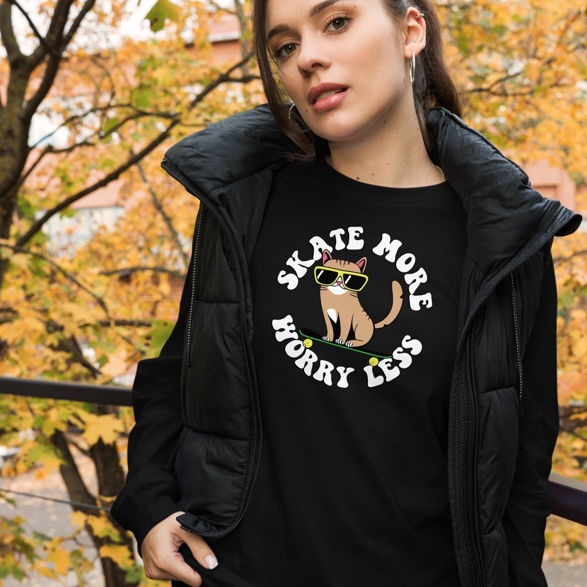 Skate More, Worry Less Long Sleeve Tee - Cats on Wheels